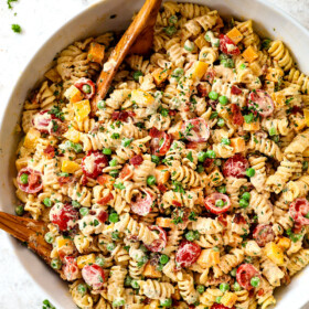 up close of pasta ranch bacon salad showing how creamy it is