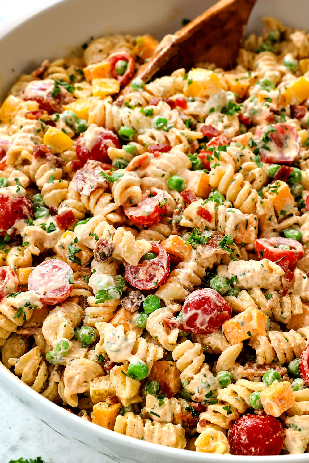 up close of pasta ranch bacon salad showing how creamy it is