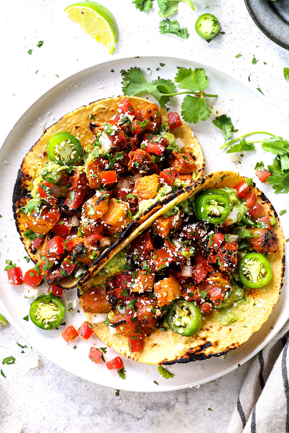 top view of chicken al pastor in tacos