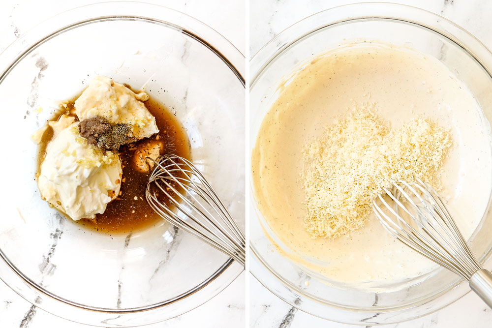 showing how to make caesar pasta salad by whisking together the homemade Caesar dressing ingredients in a bowl: sour cream, mayonnaise, lemon juice, Worcestershire sauce, anchovies, garlic and Parmesan cheese