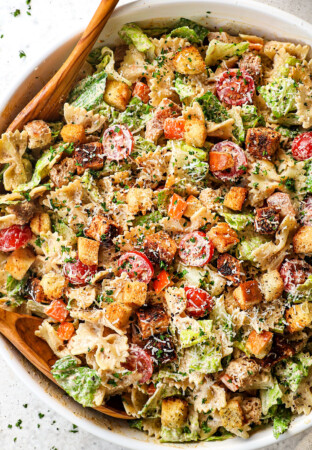 top view of Chicken Caesar Pasta Salad with Parmesan, Romaine and Caesar Dressing with chicken