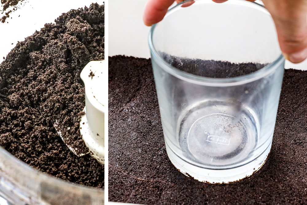 a collage showing how to make chocolate lasagna recipe by grinding Oreos to fine crumbs in a food processor and then pressing into the bottom of a 9x13 pan