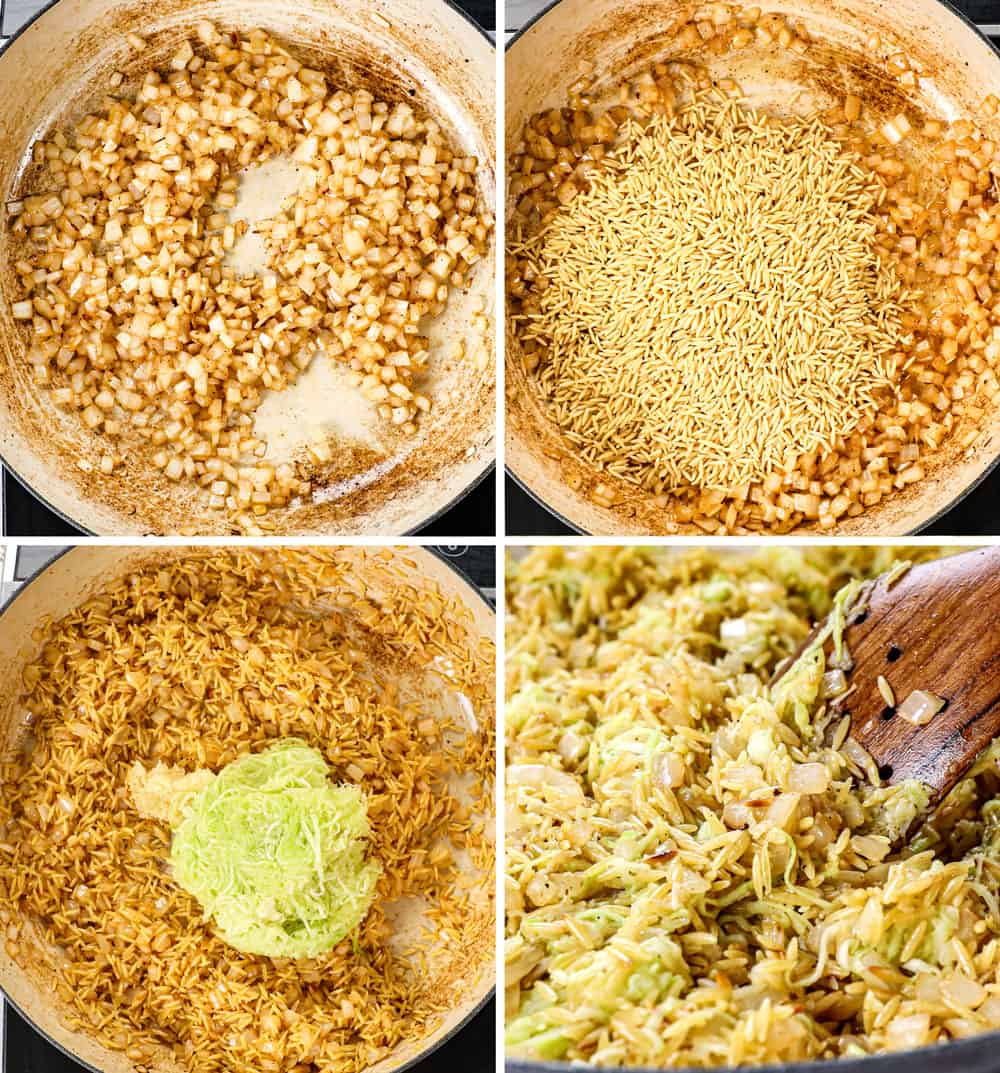a collage showing how to make lemon chicken orzo by 1) sautรฉing onions, 2), sautรฉing orzo, adding zucchini, sautรฉing garlic in a pot