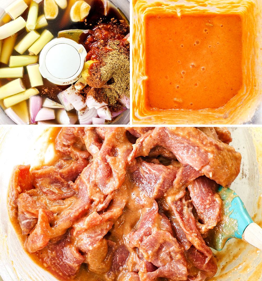 a collage showing how to make banh mi sandwich recipe by 1) adding fish sauce, lemongrass, ginger, garlic oyster sauce, shallots, sesame oil to a blender, 2) blending until smooth, 3) adding the marinade to the pork in a bowl to marinate