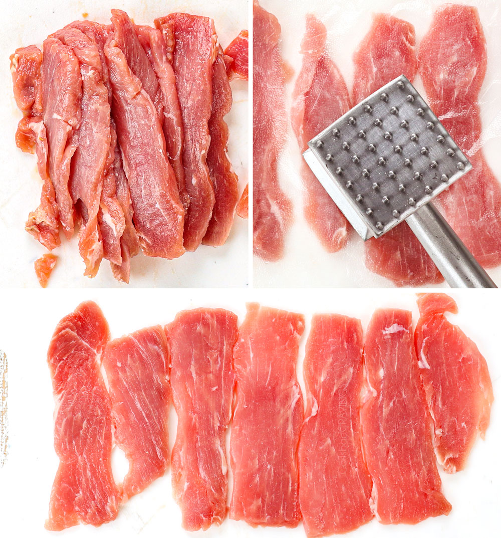 a collage showing how to banh mi sandwich recipe by thinly slicing the pork tenderloin and pounding with a meat mallet until thin and flat