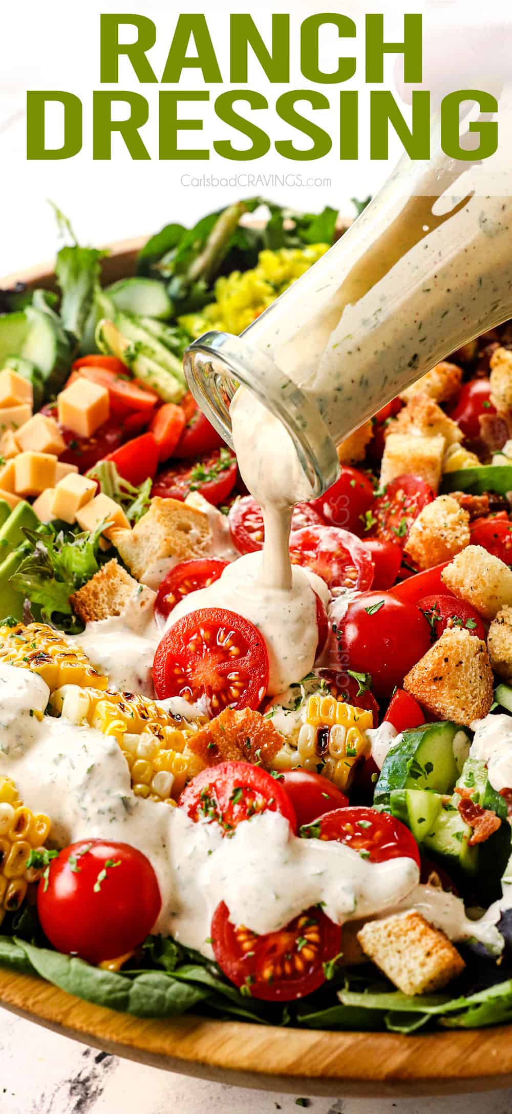 up close of pouring homemade ranch dressing recipe showing how creamy it is