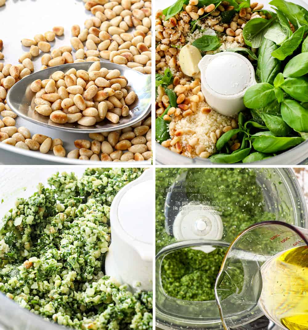 a collage showing how to make pesto pasta by 1) toasting pine nuts, 2) adding pine nuts, basil, garlic and basil to a food processor, 3) chopping the ingredients, 4) streaming in the olive oil