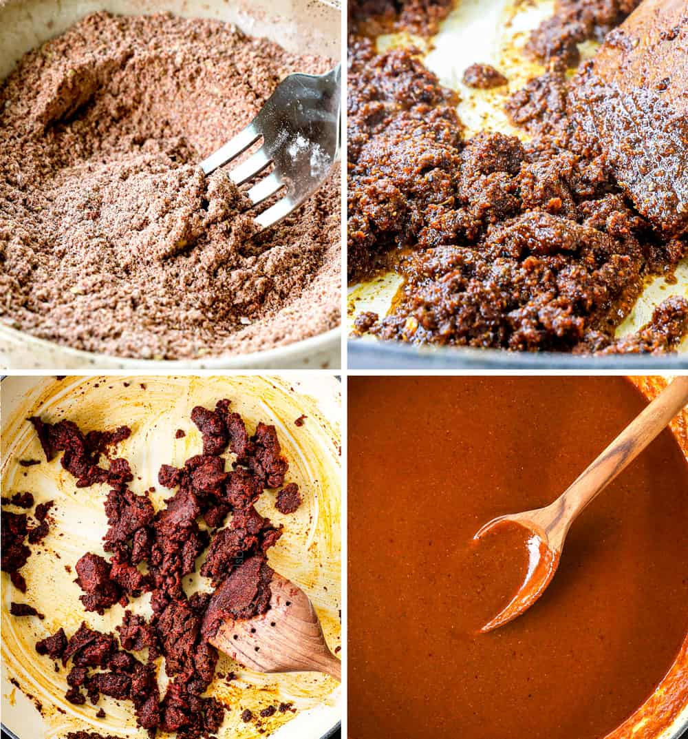 a collage showing how to make baked enchilada meatball recipe by mixing seasonings together, sautรฉing the spices, sautรฉing the tomato paste, adding the chicken broth and simmering until thickened