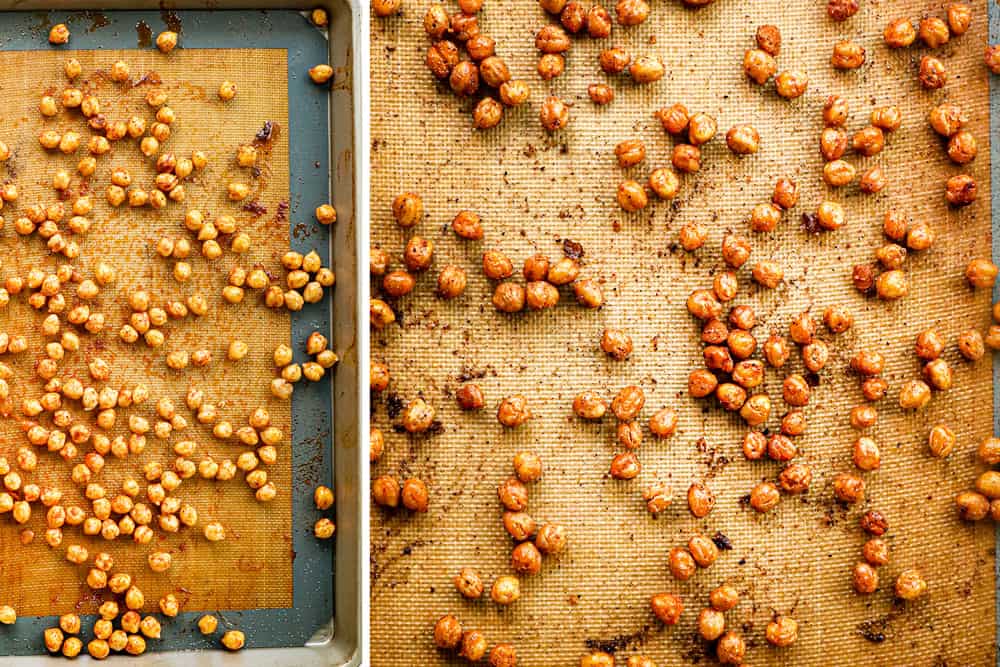 showing how to make pearl couscous salad recipe by roasting chickpeas