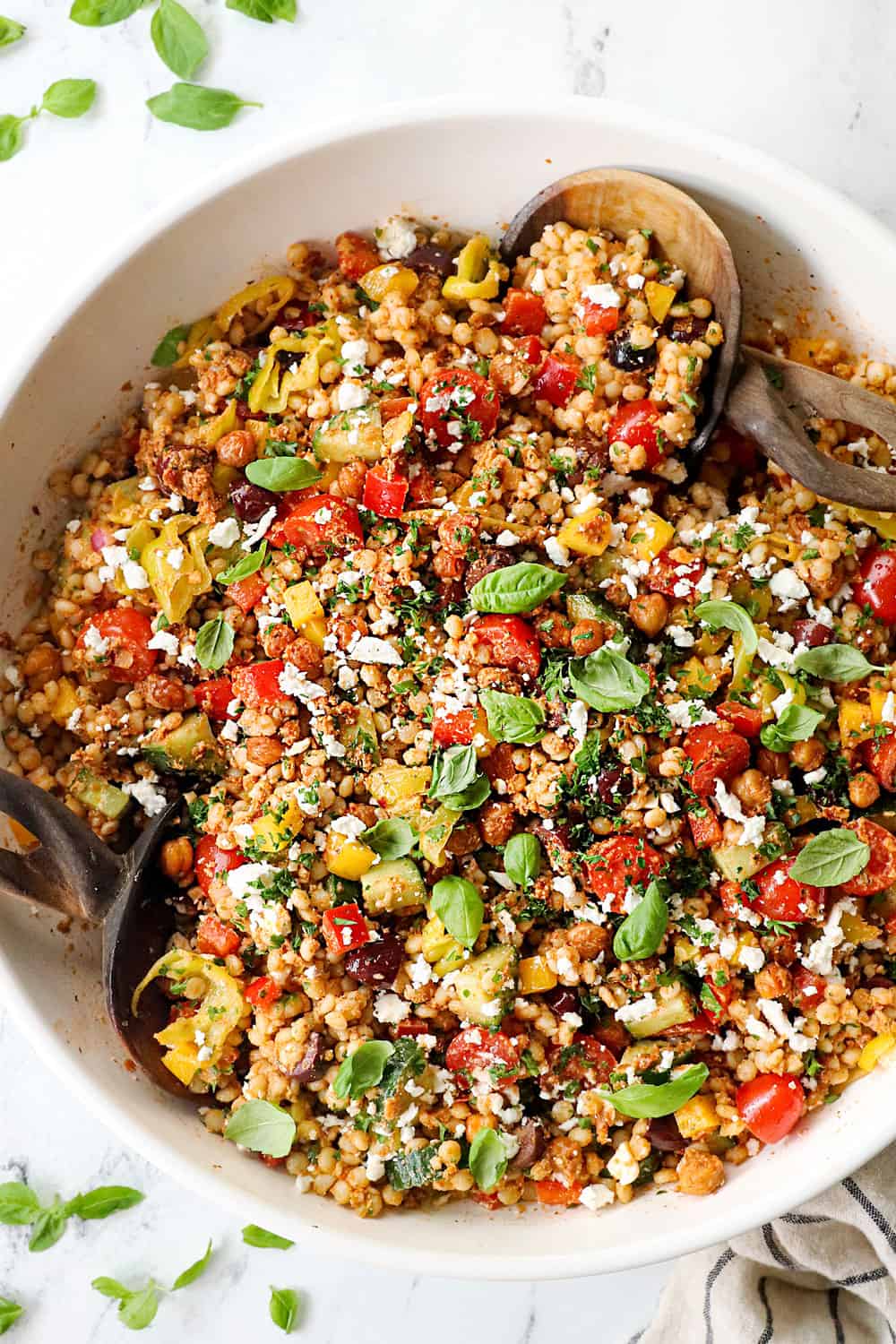 top view of Greek couscous salad recipe made with pearl couscous