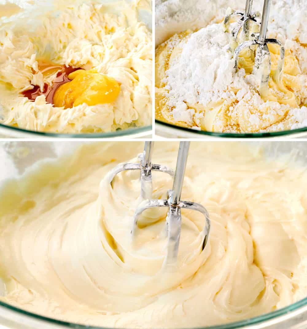 a collage showing how to make lemon blueberry cake frosting by 1) beating butter and cream cheese together, 2) adding powdered sugar, 3) beating until smooth, thick and creamy