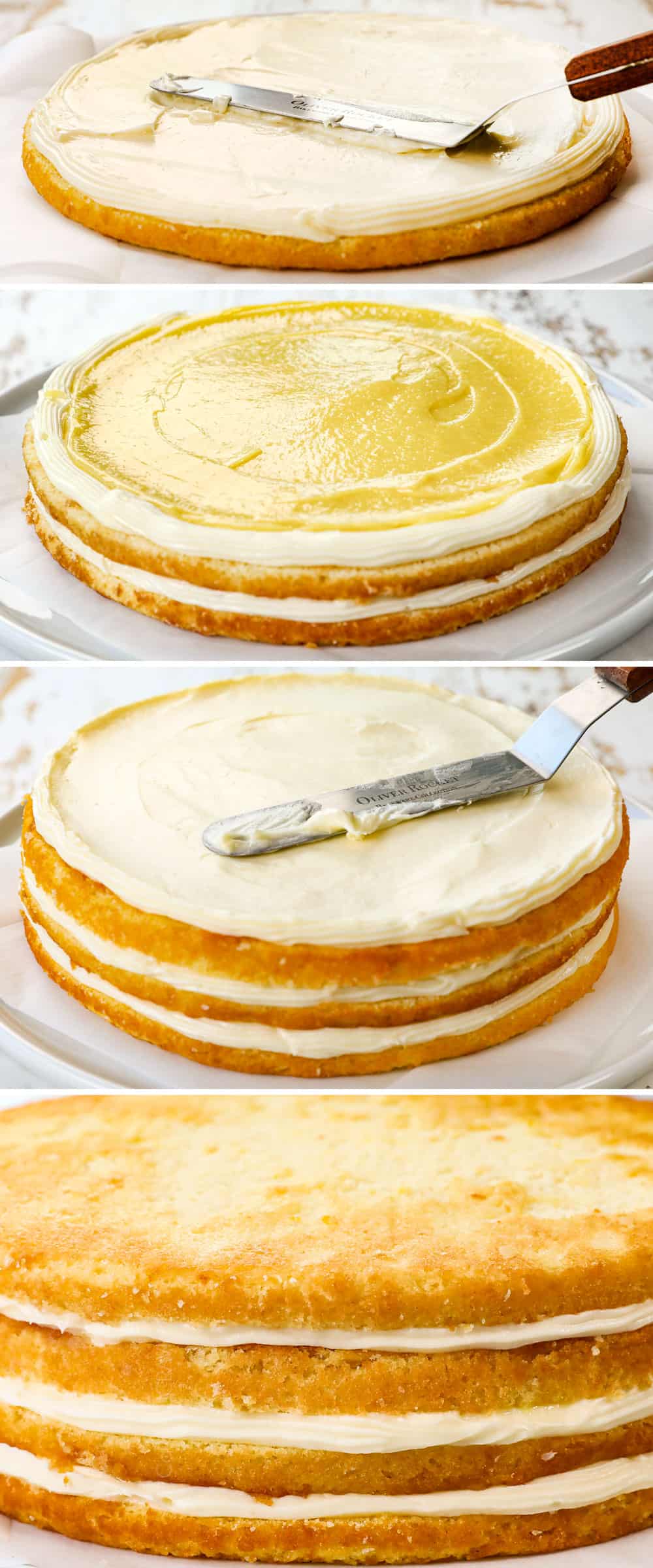 showing how to make lemon cake recipe by 1) topping 1st layer with frosting, 2) adding lemon curd to second layer, 3) adding frosting to 3rd layer, 4) topping with final cake