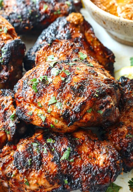 up closer of peri peri chicken recipe made with bone in chicken thighs