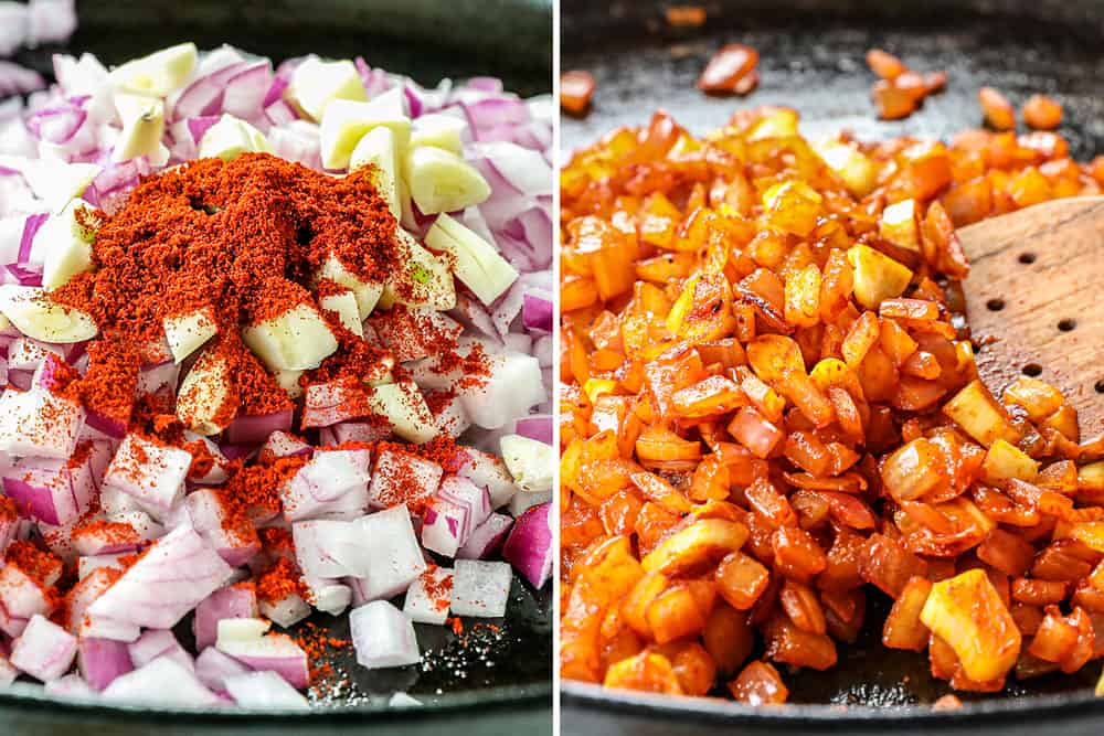 showing how to make peri peri chicken by making peri peri sauce by sautรฉing the onions, garlic, paprika and bay leaves