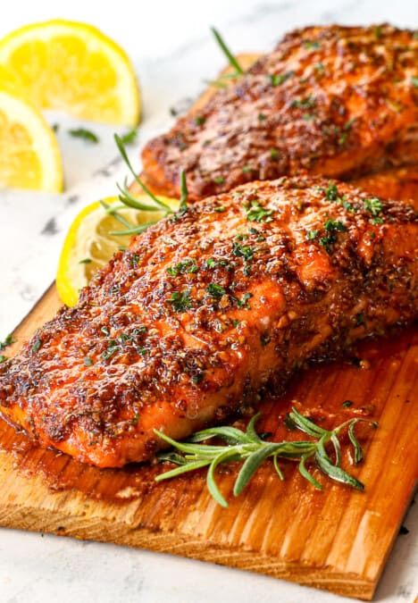 side view of salmon on cedar planks showing how moist it is