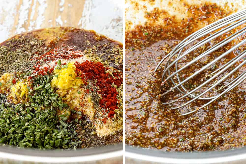 a collage showing how to make cedar plank salmon recipe by whisking the salmon marinade ingredients together