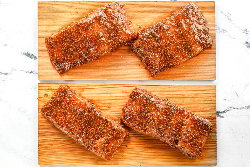 top view of salmon on cedar planks ready grill