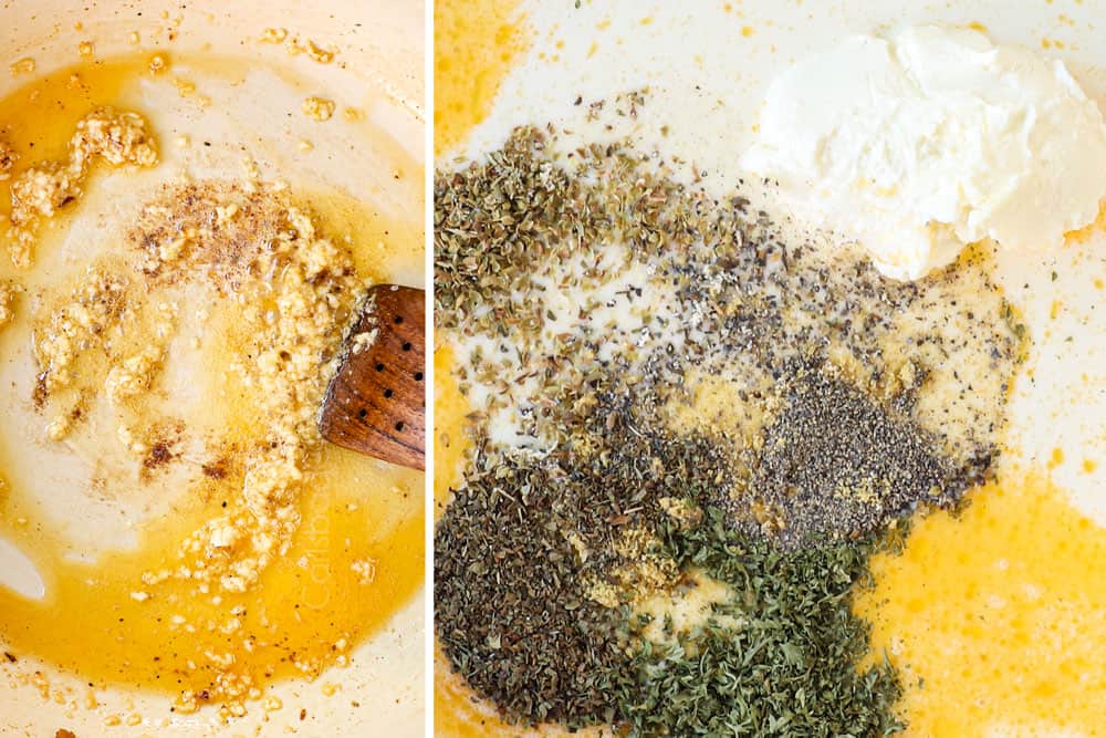 showing how to make Chicken Broccoli Alfredo recipe by making homemade Alfredo sauce by sautรฉing garlic then adding heavy cream