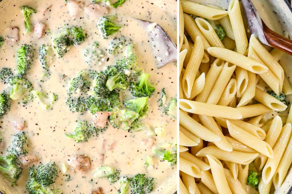 a collage showing how to make Chicken Broccoli Alfredo recipe by stirring chicken, broccoli and penne in to the Alfredo sauce
