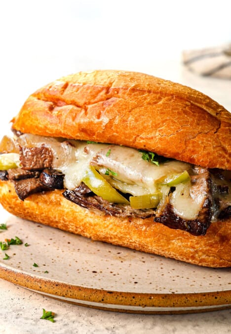 Philly Cheesesteak Sandwich on a hoagie roll with steak, bell peppers and cheese