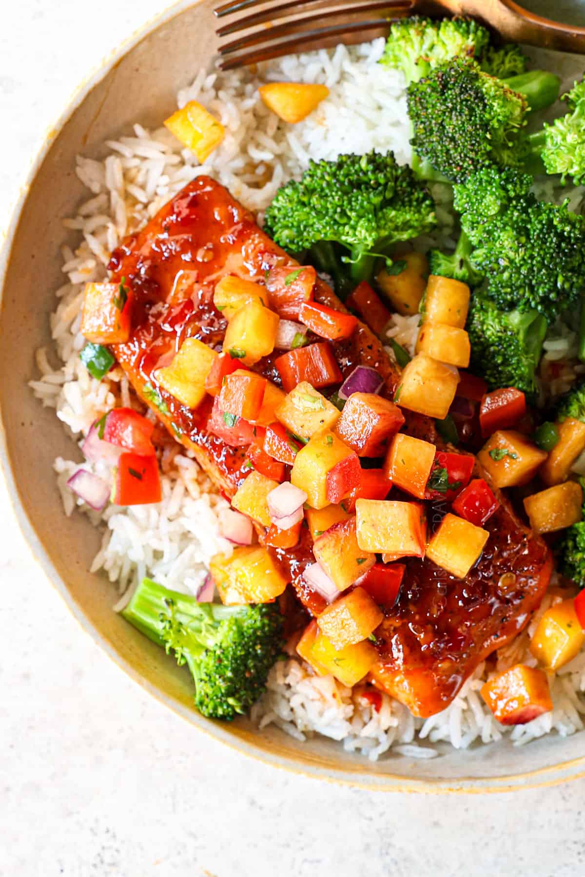 top view of pan seared salmon with firecracker sauce