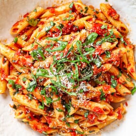 top view of Arrabiata sauce served with penne in a bowl