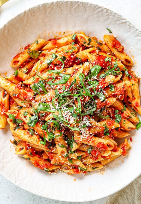top view of Arrabiata sauce served with penne in a bowl