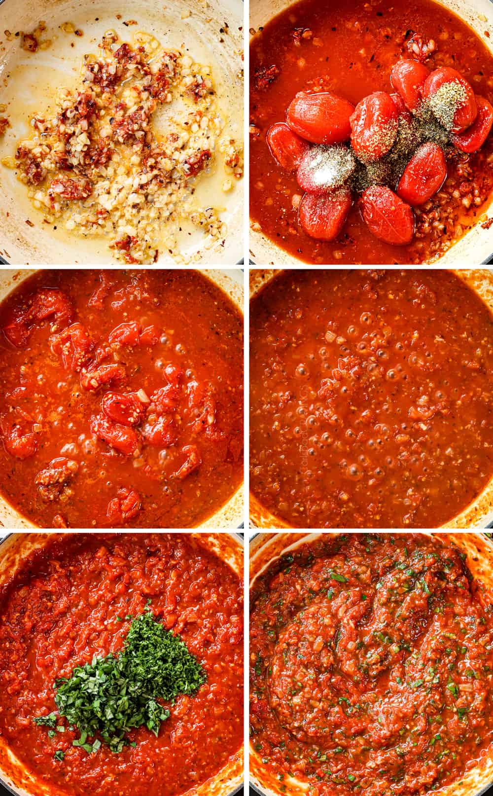 a collage showing how to make arrabiata sauce by sautรฉing garlic and red pepper flakes, adding San Marzano tomatoes, simmering until thickened, then stirring in fresh basil