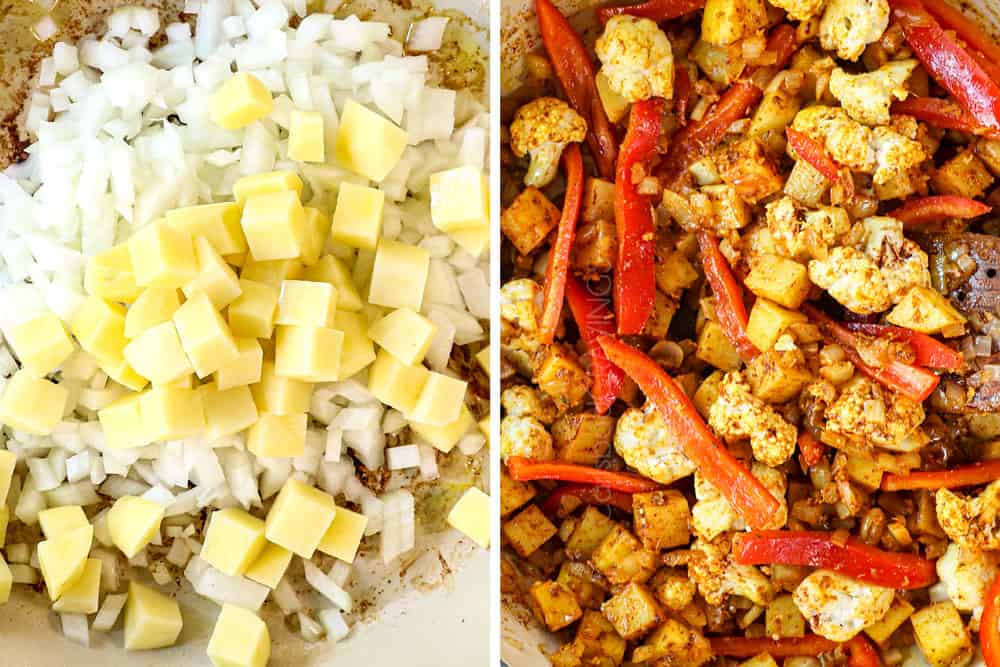 a collage showing how to make coconut shrimp curry recipe by sautรฉing onions and potatoes, then adding Indian spices, cauliflower and bell peppers