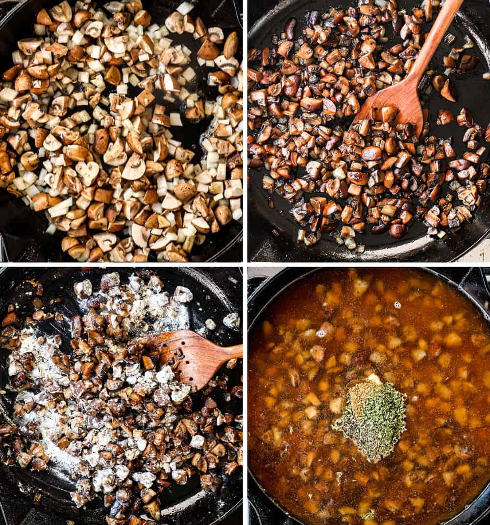 a collage showing how to make loco moco recipe by 1) sautรฉing mushrooms, 2) showing the caramelized mushrooms 3) cooking with flour, 4) adding beef broth and seasonings