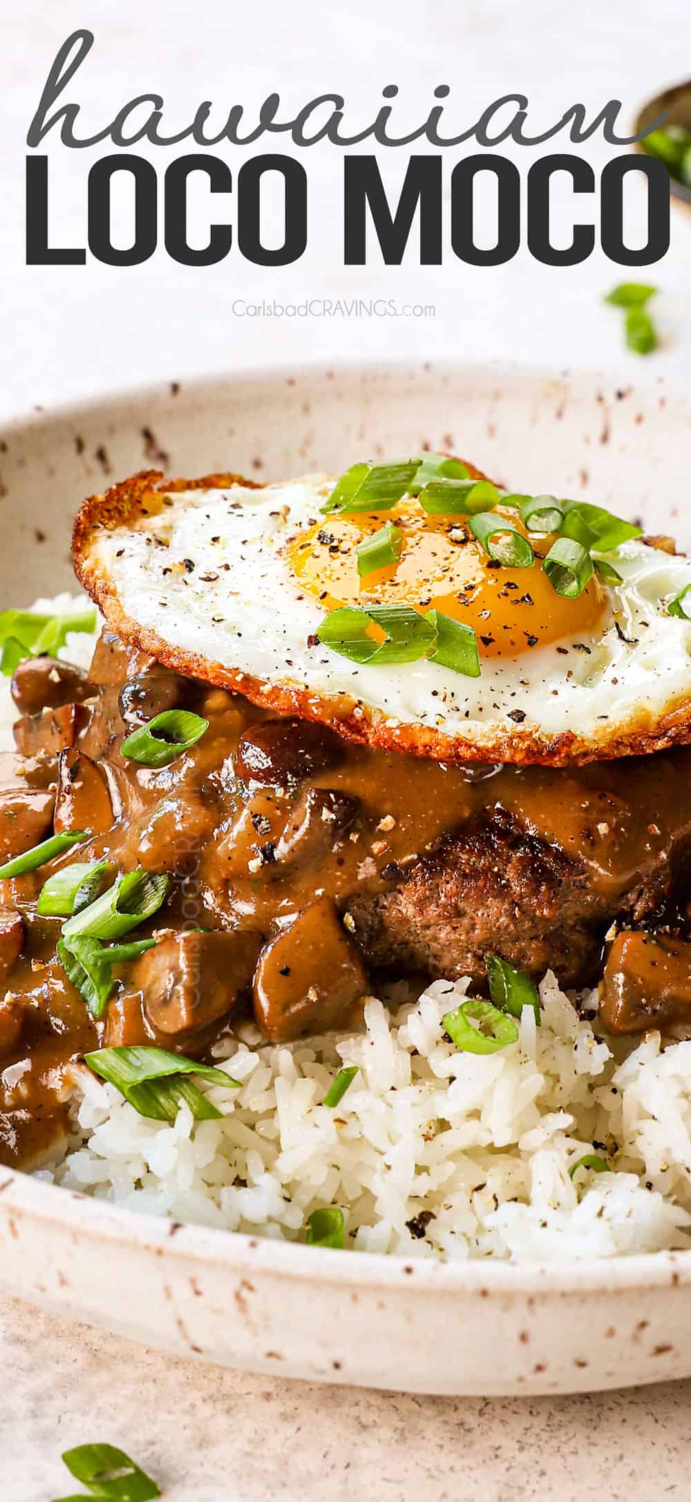 up close of Loco Moco recipe with mushroom gravy