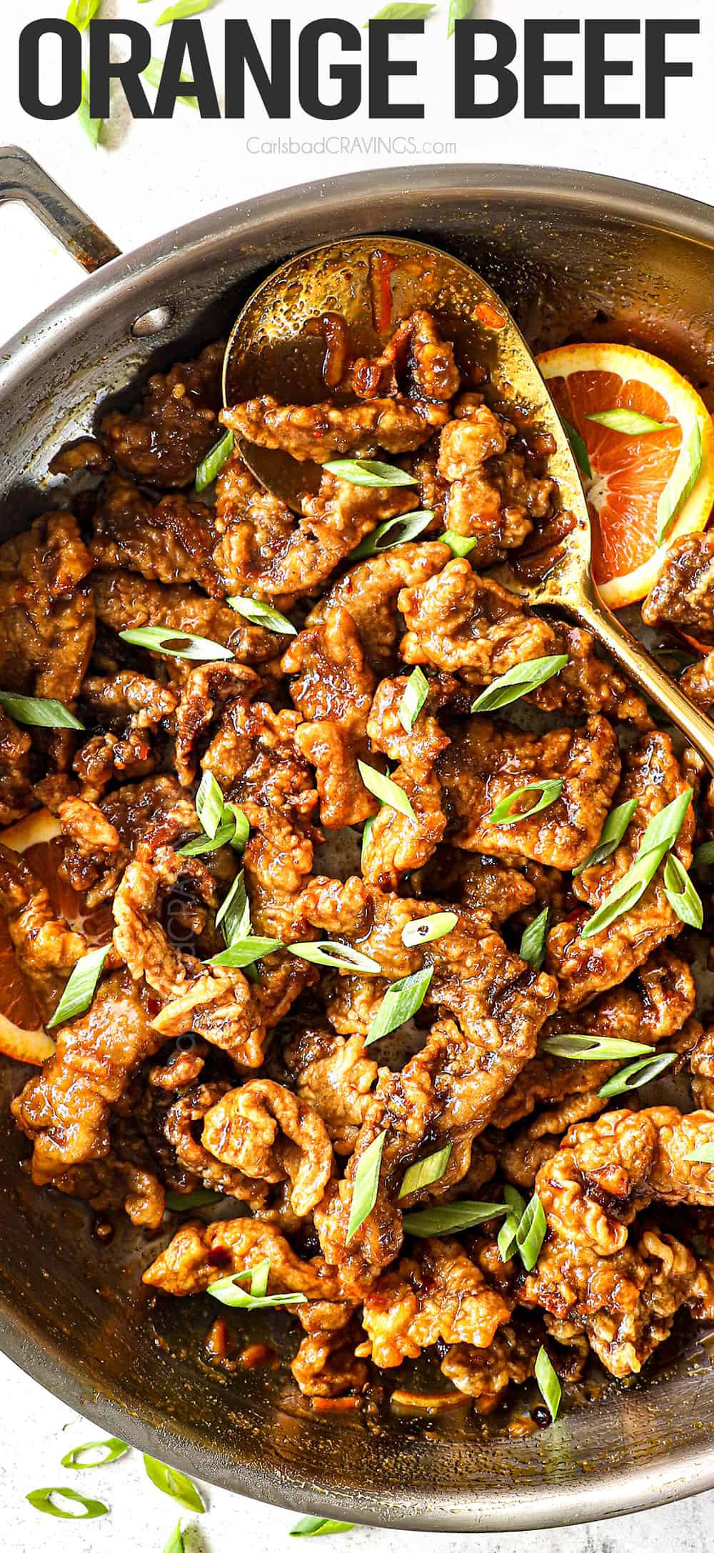 top view of crispy orange beef in a skillet showing how crispy it is