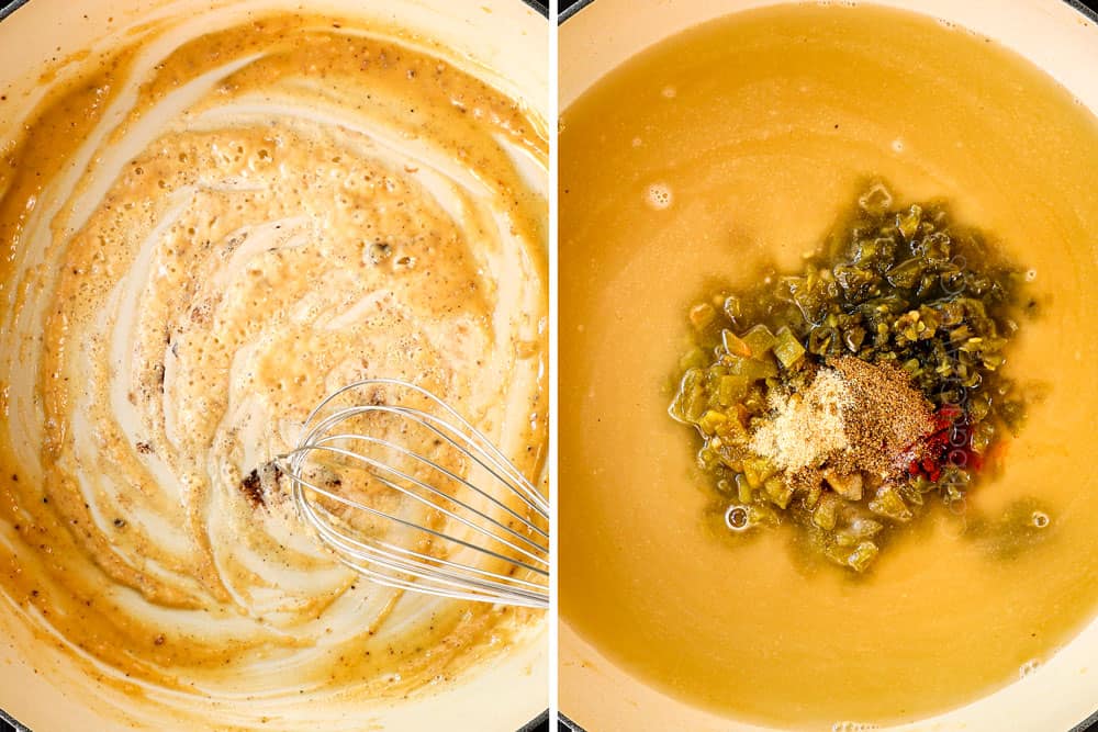 a collage showing how to make smothered chicken by making a roux then adding chicken broth and spices