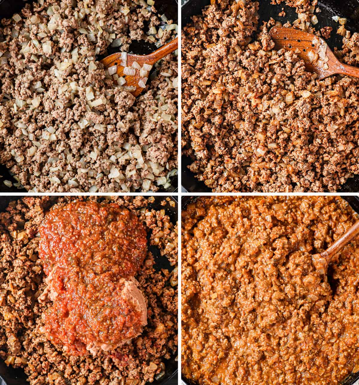 a collage showing how to make taco lasagna by browning the ground beef and onions, adding the taco seasonings, adding the refried beans and salsa and simmering