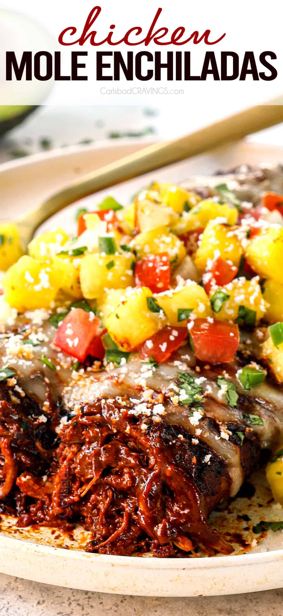 up close of chicken mole enchiladas with chicken and mole sauce