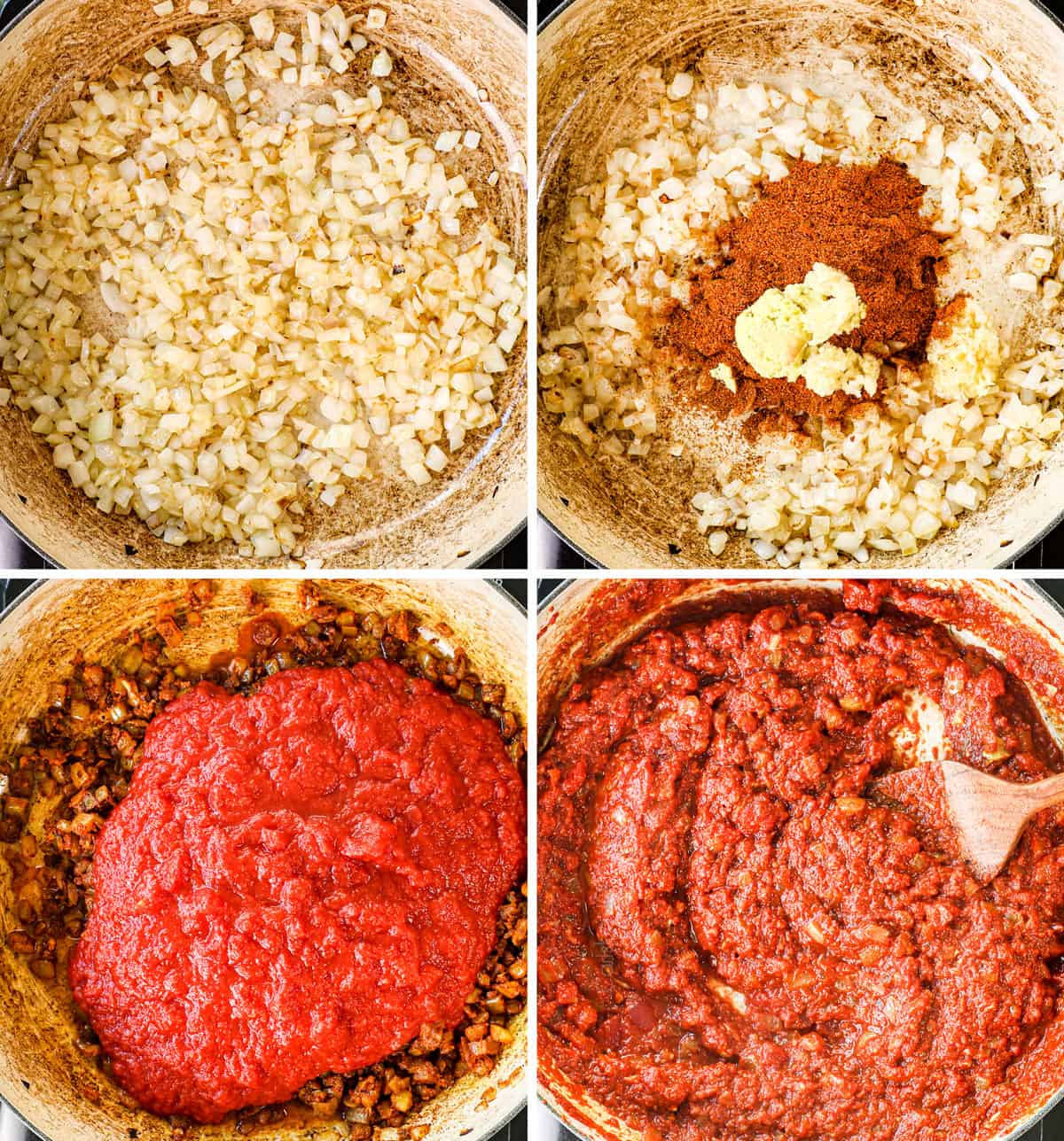 a collage showing how to make Chicken Tikka Masala recipe by 1) sautรฉing onions, sautรฉing spices, garlic and ginger, 3) adding crushed tomatoes, 3) simmering until reduced