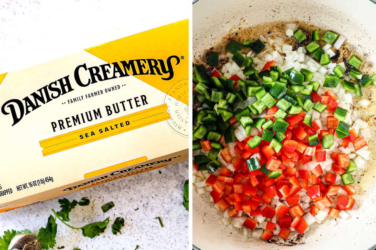 showing how to make creamy chicken tortilla soup by sautรฉing onions, bell peppers and poblano pepper in butter