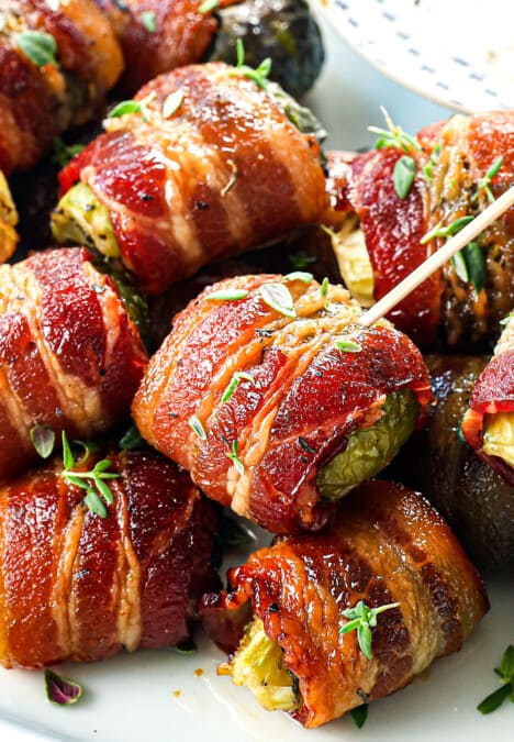 up close of Bacon Wrapped Brussels Sprouts showing how crispy they are