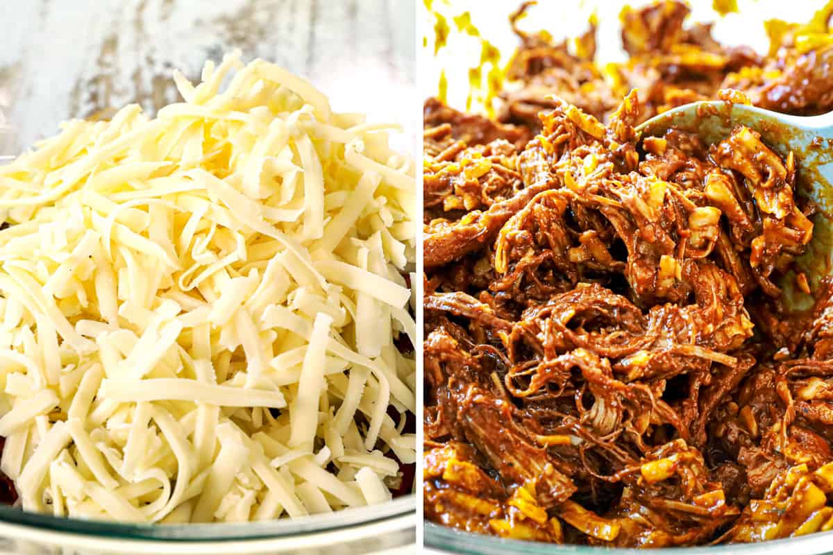 a collage showing how to make chicken mole enchiladas by adding cheese to the chicken mole and combining