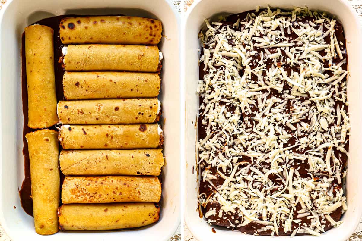 a collage showing how to make chicken mole enchiladas by adding rolled tortillas to a 9x13 baking dish then topping with mole sauce and cheese