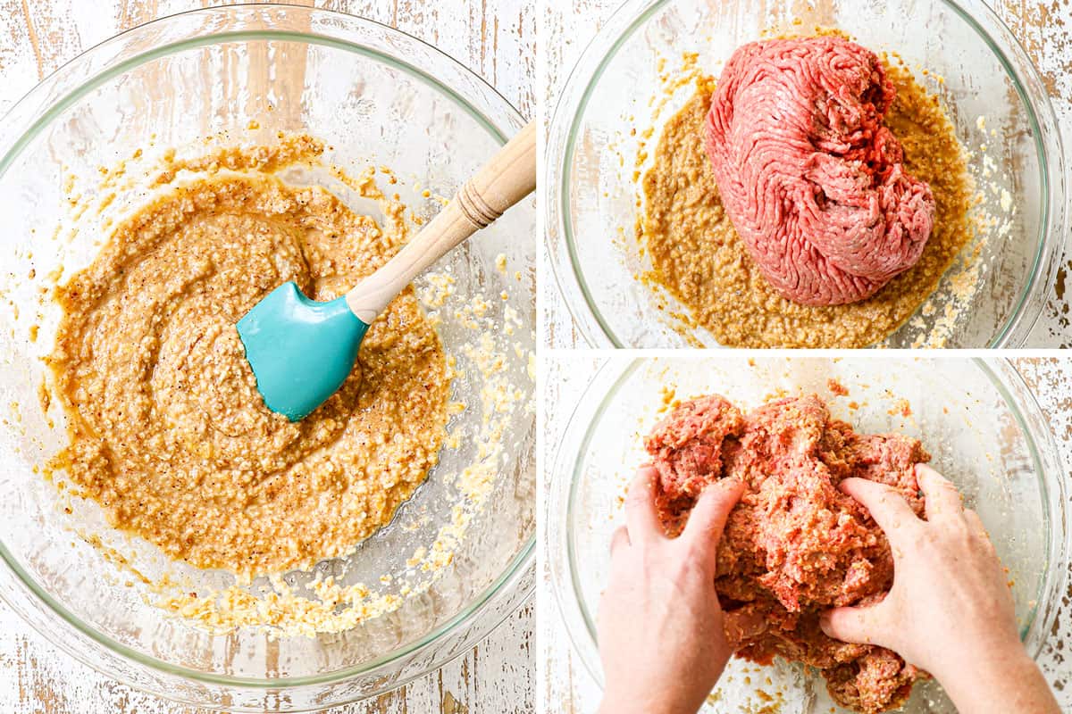 showing how to make grape jelly meatball recipe in the crockpot by mixing all of the meatball ingredients together in a large mixing bowl