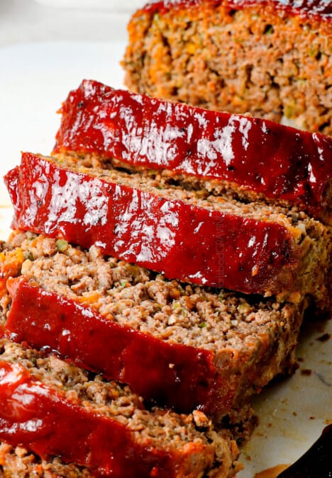 homemade meatloaf sliced with glaze