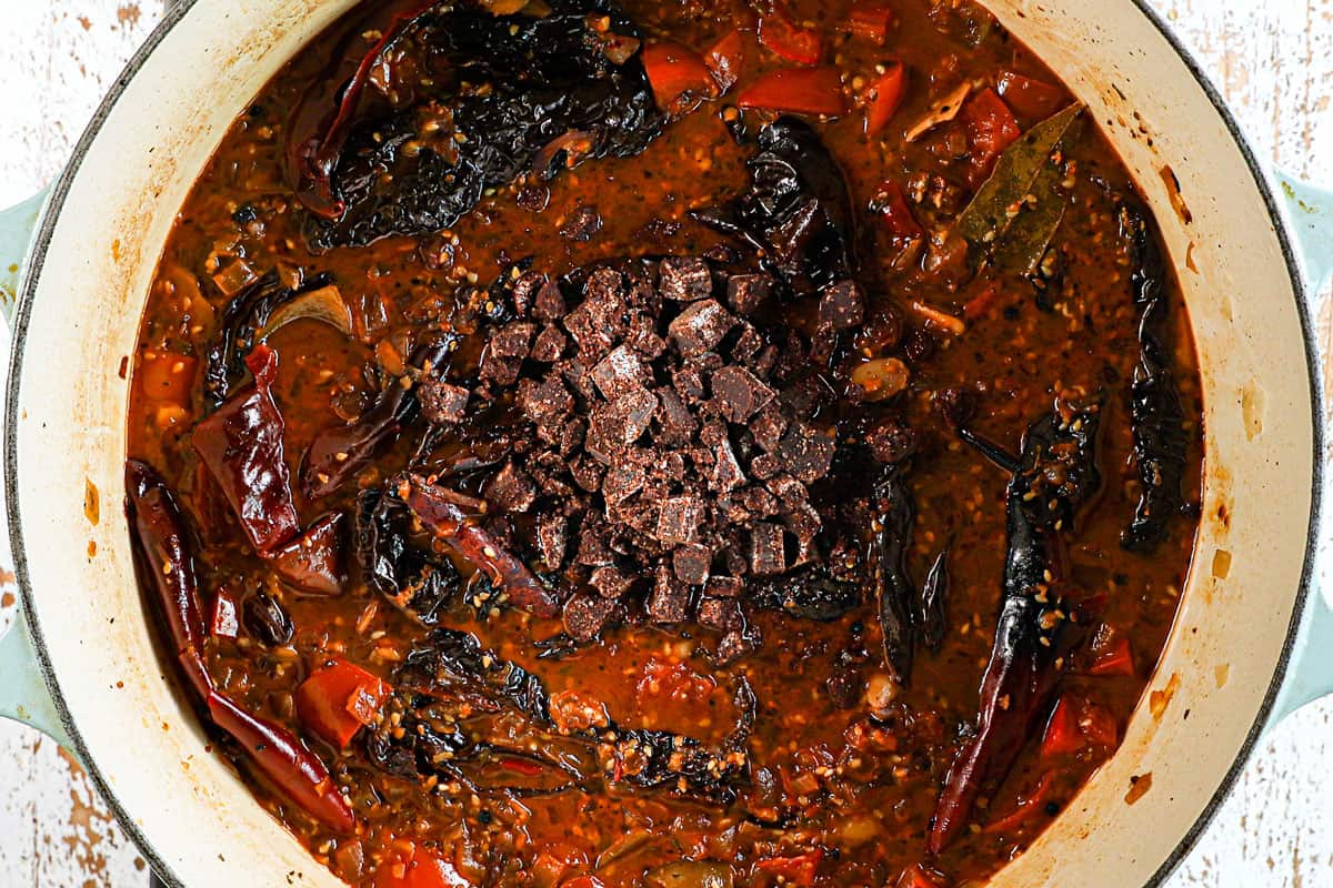 showing how to make mole sauce (Mole Poblano) by adding Mexican chocolate