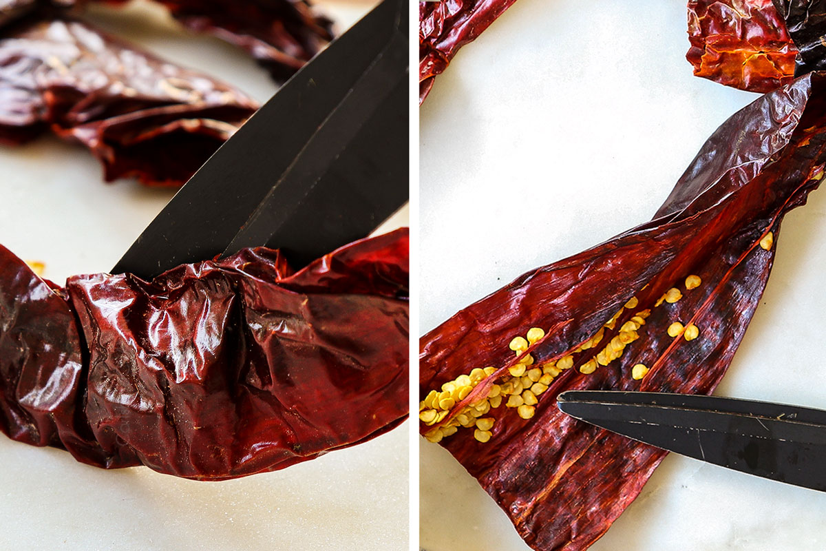 a collage showing how to make Chicken Mole recipe by deseeding chili peppers by cutting open with kitchen shears