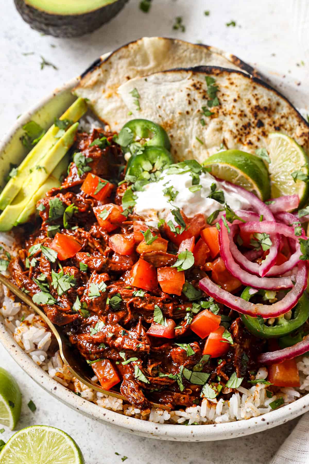 showing how to serve mole with chicken, pic de gallo, pickled red onions, sour cream, avocados, flour tortillas and rice