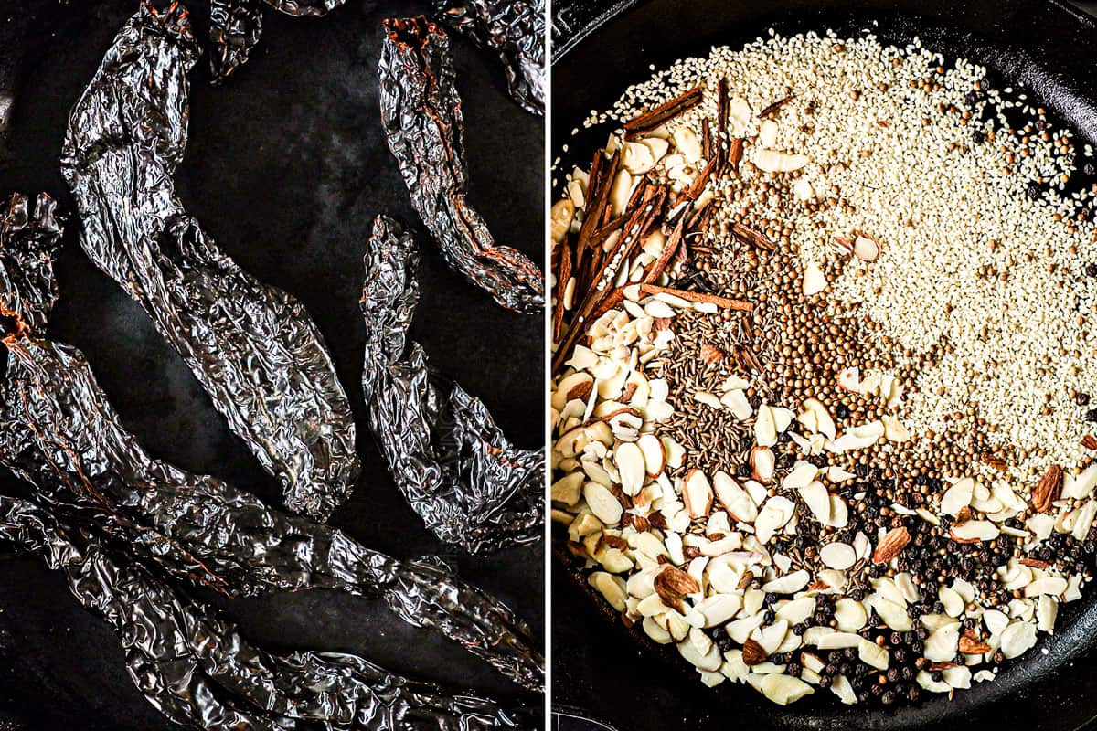 showing how to make mole sauce (Mole Poblano) by toasting chili peppers in a skillet, then toasting sesame seeds, sliced almonds and whole spices