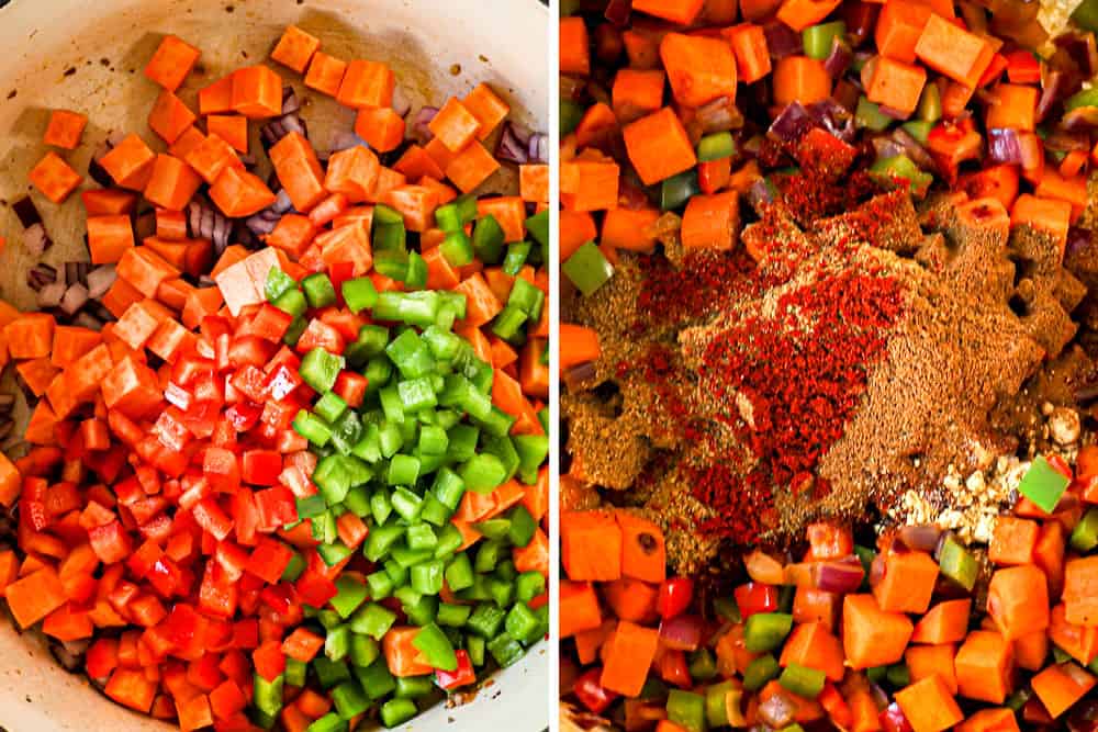 showing how to make pumpkin chili recipe by sautรฉing onions, bell peppers and garlic and then adding the chili seasonings