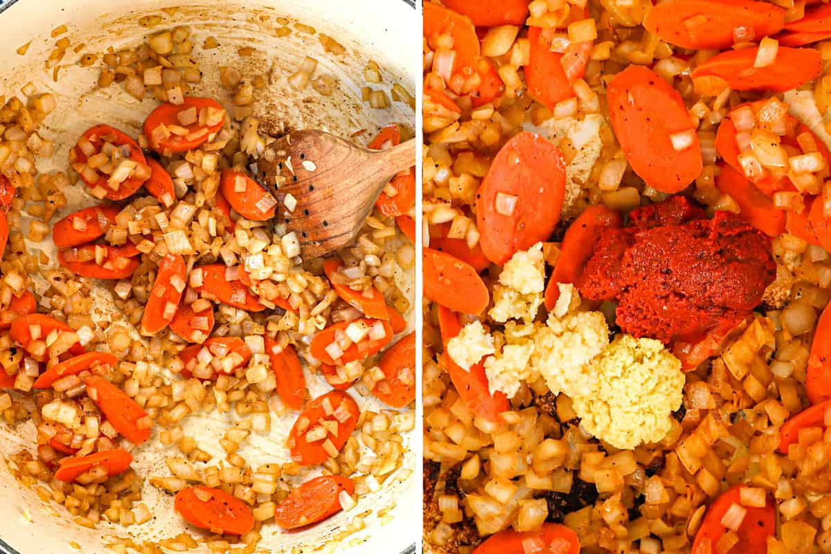 a collage showing how to make Thai coconut curry soup with chicken by sautรฉing onions and carrots then adding red curry paste, ginger and garlic