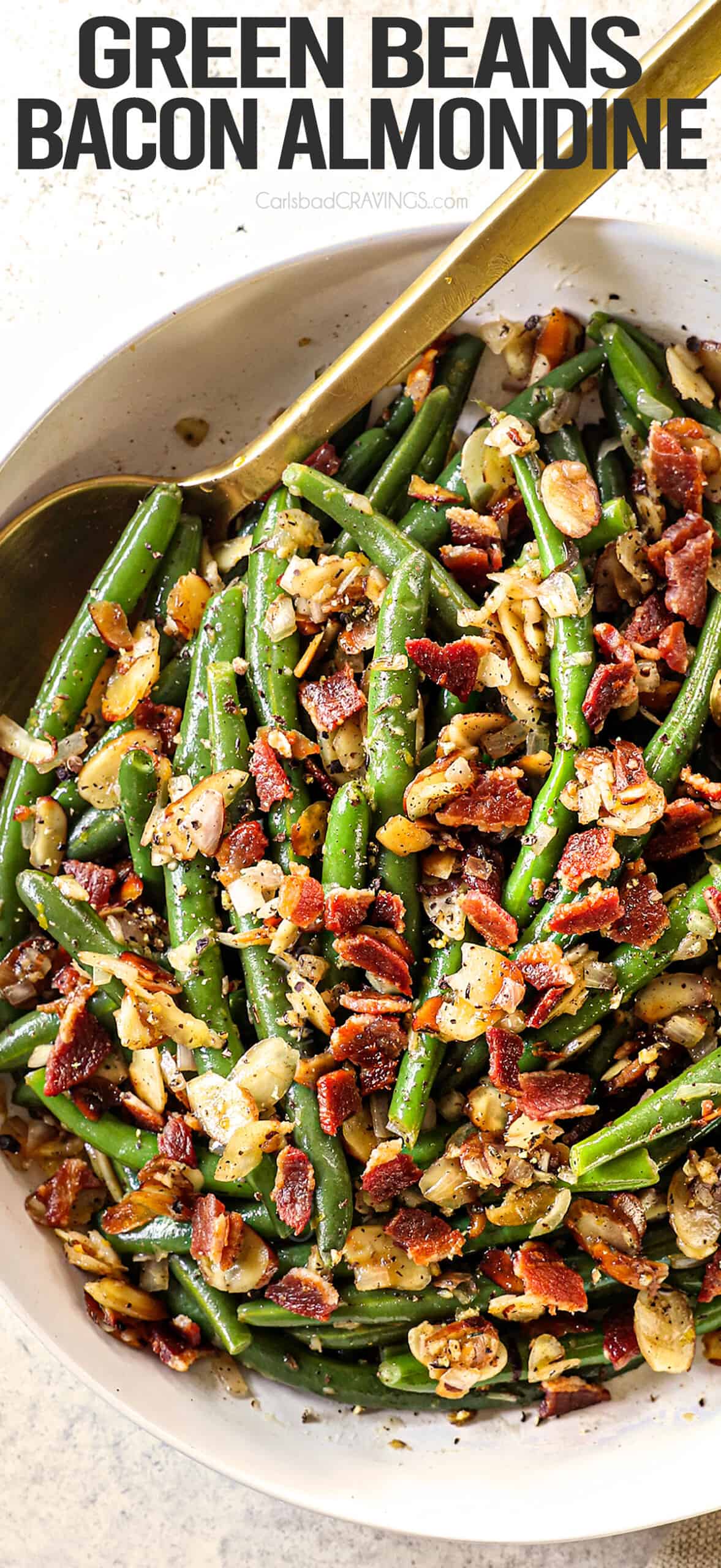 top view of Green Beans Amondine recipe with almonds, bacon, garlic and shallots