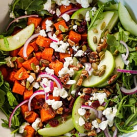 top view of sweet potato salad with roasted sweet potatoes
